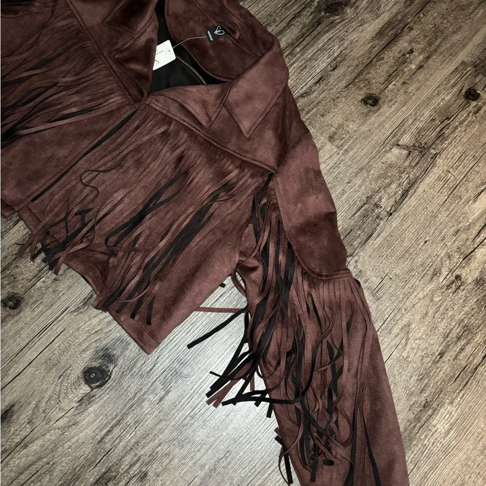 NWT Western Flair Fringed Brown Cropped Faux Suede Jacket Size XL - Picture 7 of 15